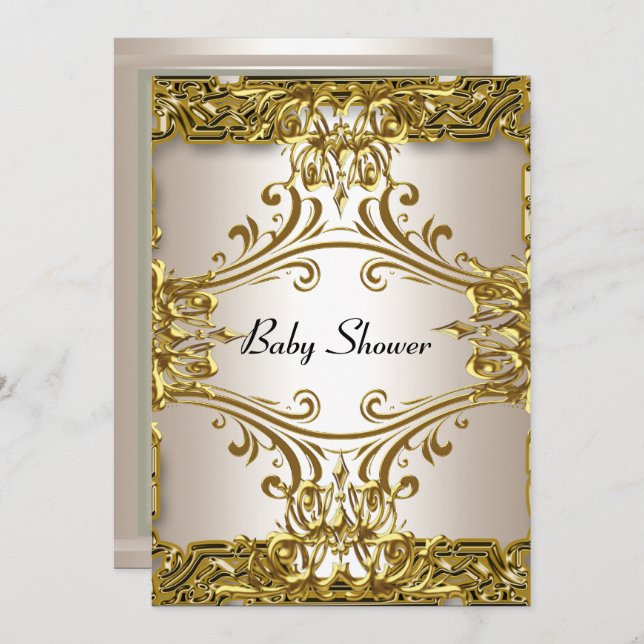 Baby Shower Guld Kräm Neutral Inbjudningar (Fram/baksida)