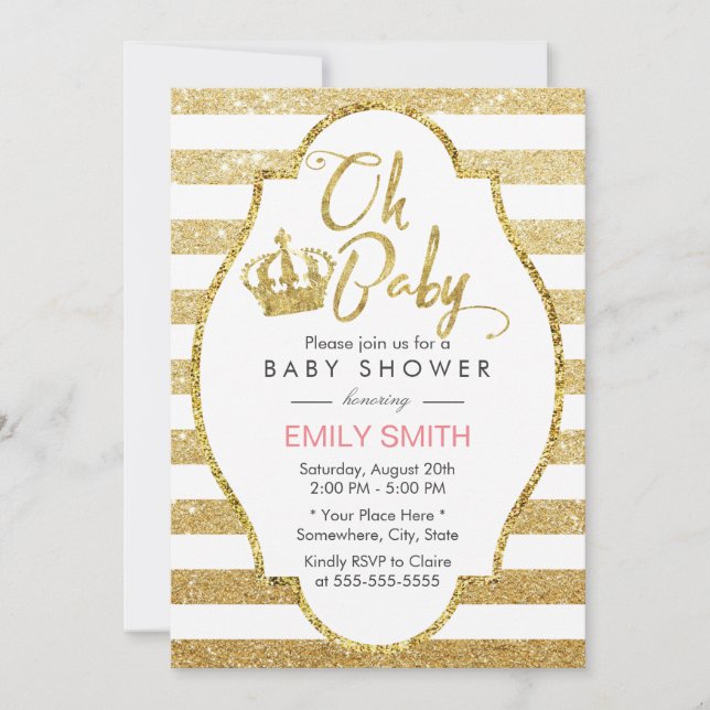 Baby Shower Guld Krona Modern Guld Glitter Rand Inbjudningar (Framsida)