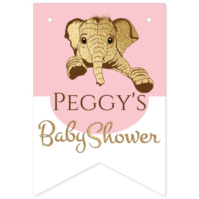Baby Shower Guld/Rosa Elephant, Swallowtail Banner Vimplar (Sextonde flaggan)