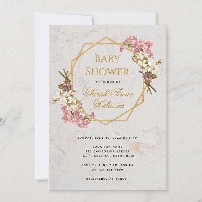 Baby Shower Guld Rosa Orkidéer Blommig Geometrisk Inbjudningar (Framsida)