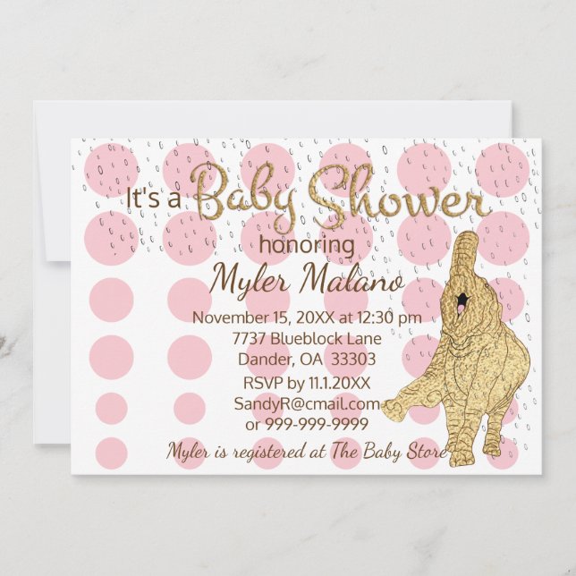 Baby Shower Guld Rosa White Baby Elephant Inbjudningar (Framsida)