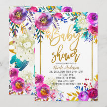 Baby Shower Guld Script Fetstil Vattenfärg Blommor