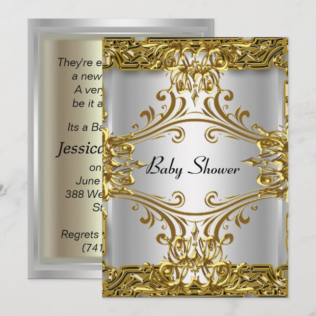 Baby Shower Guld Silver Neutral Inbjudningar (Fram/baksida)