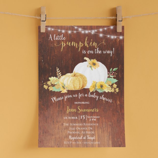Baby Shower Guld Solros Pumpkin Rustic Autumn Inbjudningar (Skapare uppladdad)