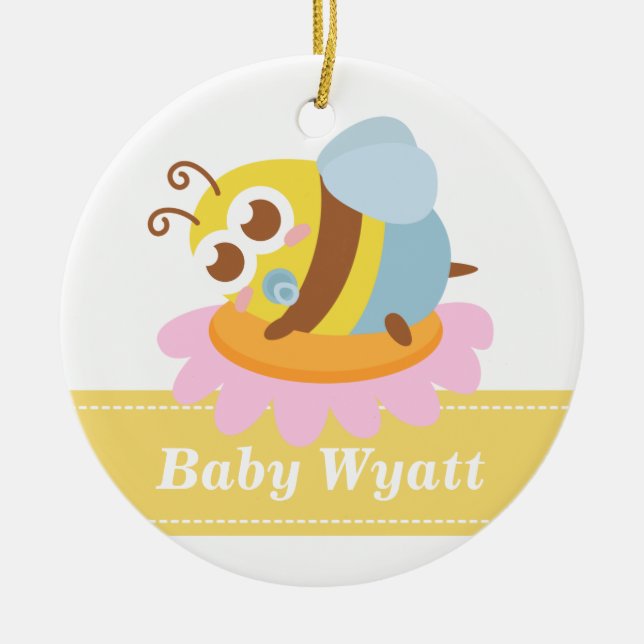 Baby shower: Gulligt bebisbi som vilar på blomma Julgransprydnad Keramik (Framsidan)