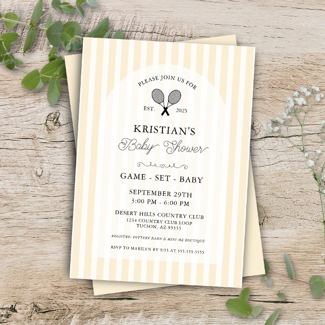 Baby Shower Gult Tennis Land Klubb  Inbjudningar (Elegant butter yellow tennis theme baby shower invitations for preppy gender neutral couples shower)