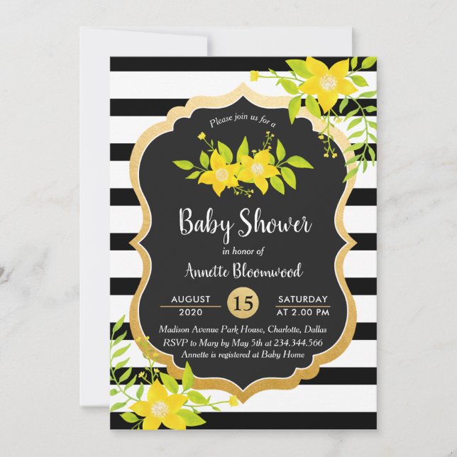 Baby Shower | Gultens Blommigt | Elegant Rand Inbjudningar (Framsida)