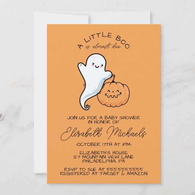BABY SHOWER | Halloween Lil'Boo Ghost & Pumpkin Anteckningskort (Framsida)