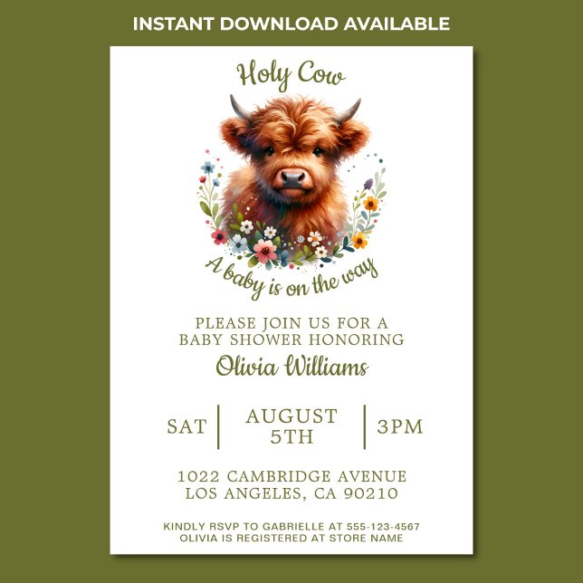 Baby Shower Highland Cow Watercolor Wildblomma Inbjudningar (Highland cow baby shower invitation)