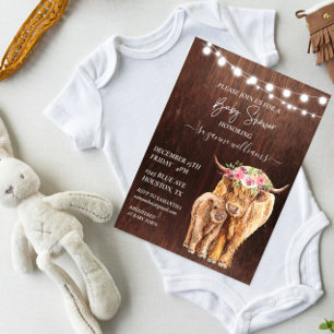 Baby Shower Highland Ko Kalf Trä Rustik  Inbjudningar