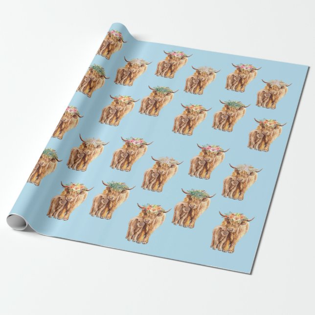 Baby Shower Highland Ko och Kalv Akvarell Presentpapper (Utrullad)