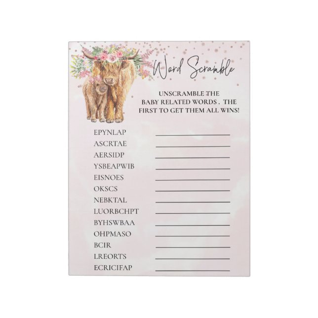 Baby Shower Highland ko Rosa Ord scramble Game Anteckningsblock (Roterad)