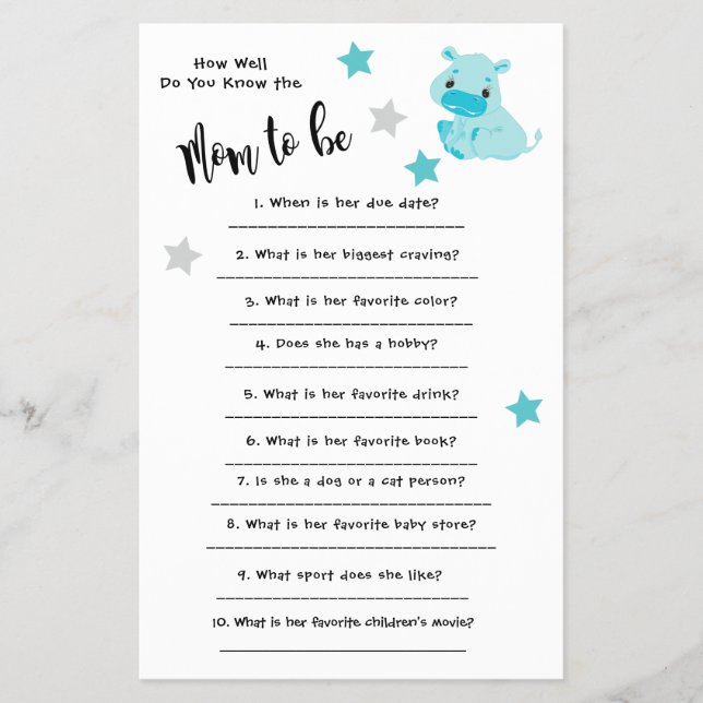 Baby Shower Hippo Hur väl du känner till kortet Flygblad (Framsidan)