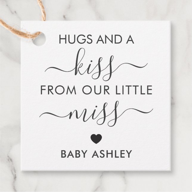 Baby Shower Hugs och Kiss Märkre, Flicka, Kraft Gåvor Etiketter (Framsida)