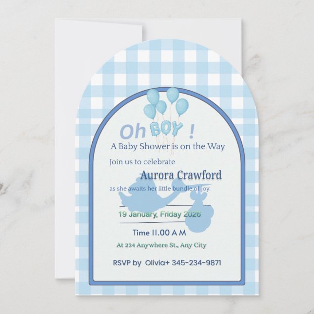 Baby Shower-inbjudan | Anpassningsbar Blå Stork B Inbjudningar (Framsida)