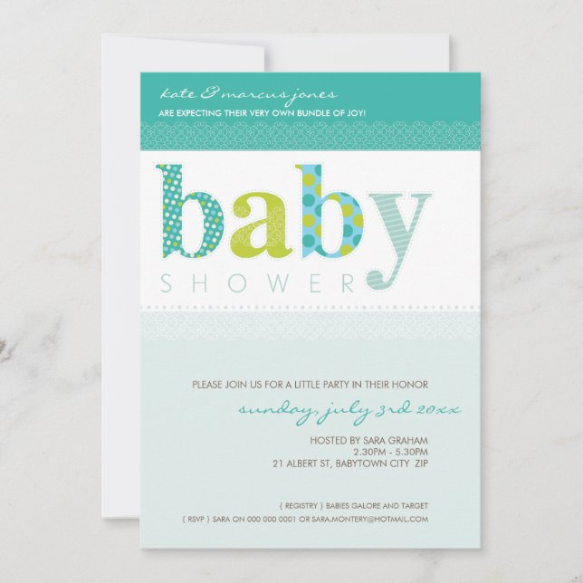 BABY SHOWER INBJUDAN :: baby mönstrad brev 8P (Framsida)