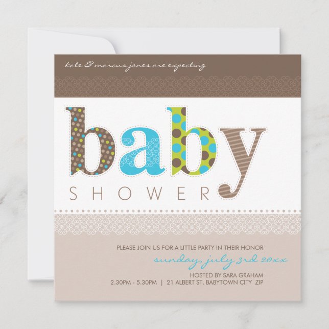 BABY SHOWER INBJUDAN :: baby skyddat brev 1SQ (Framsida)