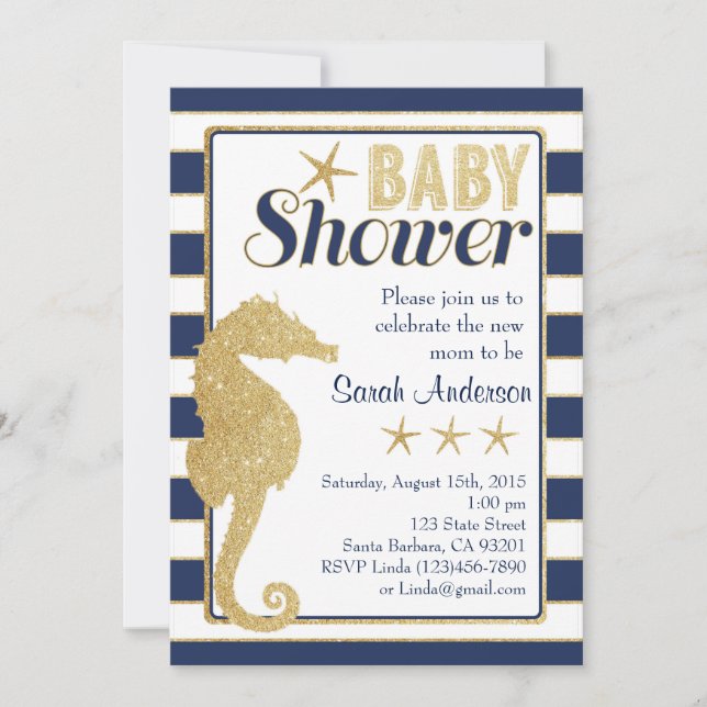 Baby Shower-inbjudan Beach Theme-Guld Seahorse Inbjudningar (Framsida)