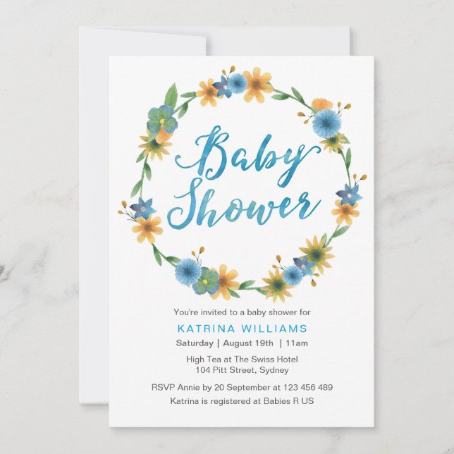 Baby Shower-inbjudan | Blå vattenfärgblommor Inbjudningar (Framsida)