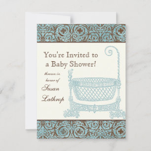 Baby Shower Inbjudan - Blue Brown Damask Cradle