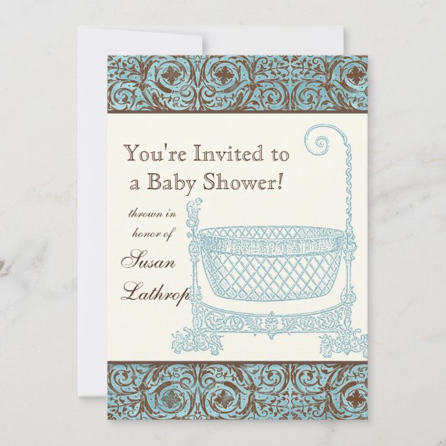 Baby Shower Inbjudan - Blue Brown Damask Cradle (Framsida)