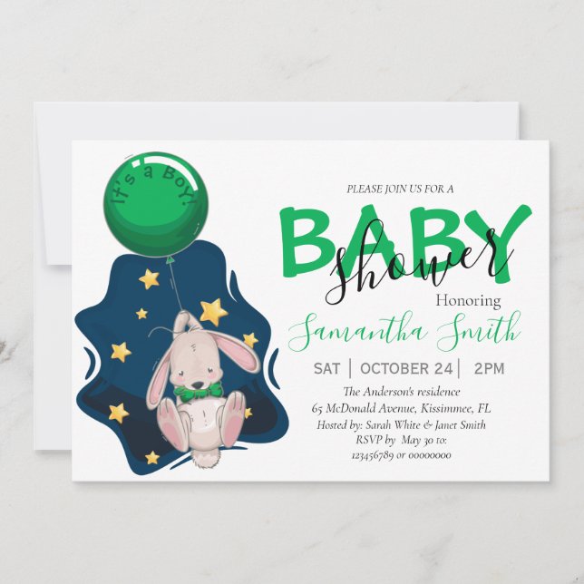 Baby Shower-inbjudan, Boy Rabbit-inbjudan Meddelande (Framsida)