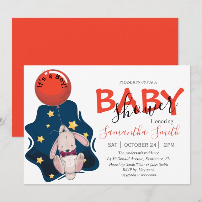 Baby Shower-inbjudan, Boy Rabbit-inbjudan Meddelande (Fram/baksida)