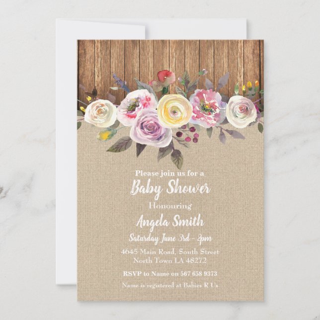 Baby Shower Inbjudan Burlap Wood Blommigt Rustic P (Framsida)