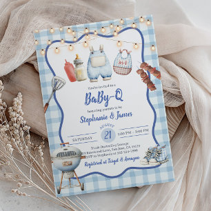 Baby Shower Inbjudan: Coed Grillfest Blå Rutiga Inbjudningar