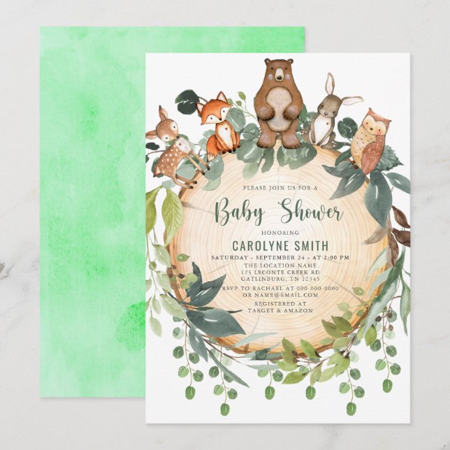 Baby Shower-inbjudan Cute Woodland Animals Rusti Inbjudningar (Fram/baksida)