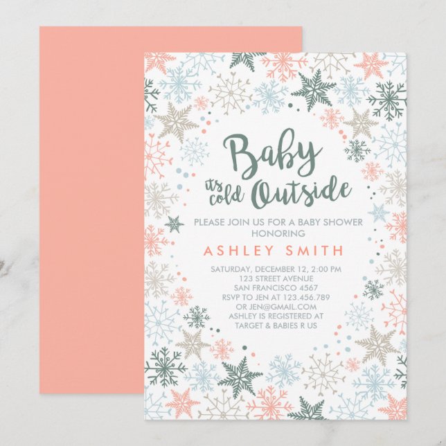 Baby Shower inbjudan Det är kall utanför Snöflingo (Fram/baksida)