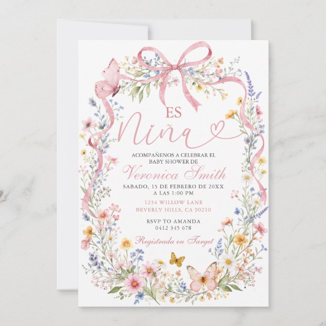 Baby Shower Inbjudan Flicka Vilda Blommor (Framsida)