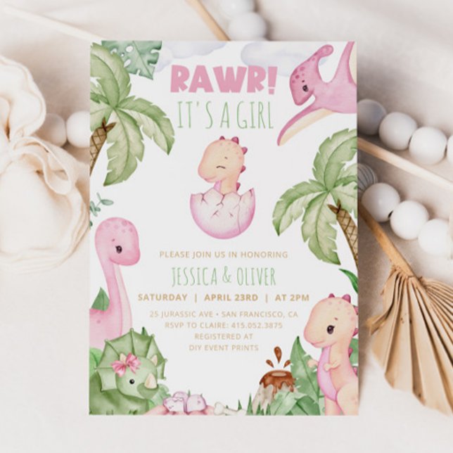 Baby Shower-inbjudan för flicka DINOSAUR, Rosa Din Inbjudningar (Skapare uppladdad)