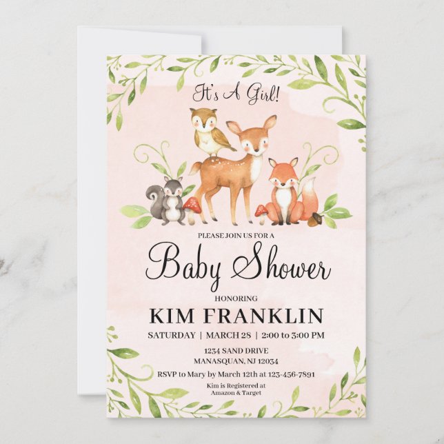 Baby Shower-inbjudan för flickor Woodland Spara Datumet (Framsida)
