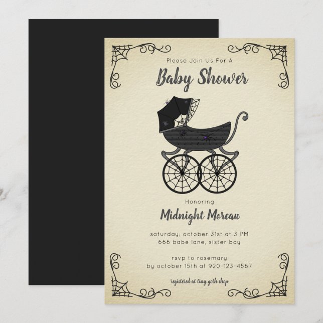 Baby Shower-inbjudan för Gothic Barnvagn-spider Inbjudningar (Fram/baksida)