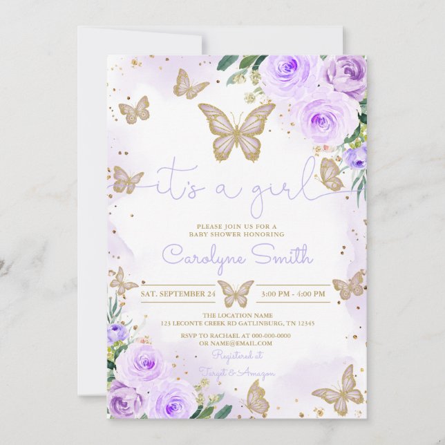 Baby Shower-inbjudan för Lila Butterfly Baby Showe Inbjudningar (Framsida)