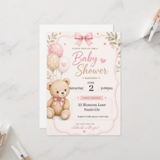 Baby Shower-inbjudan för tjej tema nallebjörn Inbjudningar