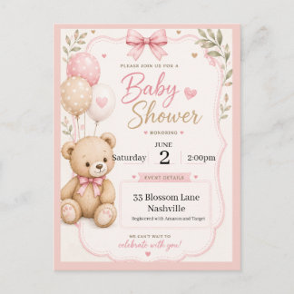 Baby Shower-inbjudan för tjej tema nallebjörn Vykort