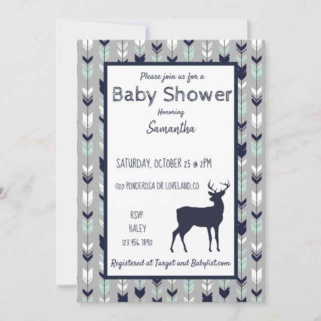 Baby Shower-inbjudan för trädland- Mint/navy/grått Inbjudningar (Framsida)