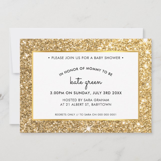 BABY SHOWER INBJUDAN glamoral guld glitter (Framsida)