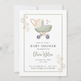 baby shower inbjudan gröna blommor barnvagn