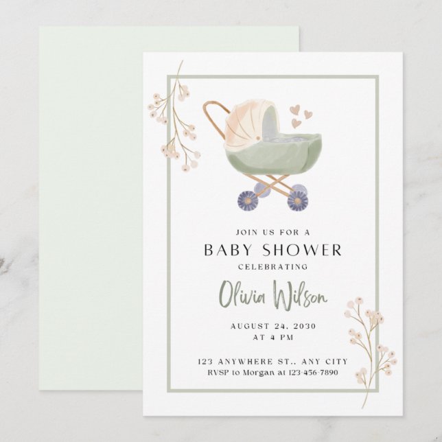 baby shower inbjudan gröna blommor barnvagn (Fram/baksida)