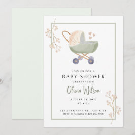 baby shower inbjudan gröna blommor barnvagn