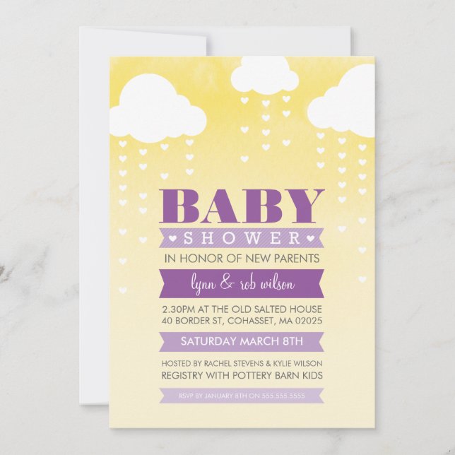 BABY SHOWER INBJUDAN gult vattenfärgsfärg lila (Framsida)