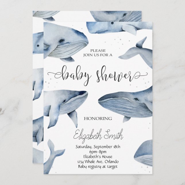 Baby Shower Inbjudan i Whale Watercolor (Fram/baksida)