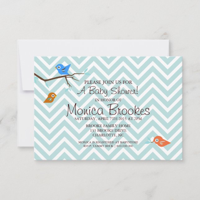 Baby Shower Inbjudan | Little Birdie Chevron (Framsida)