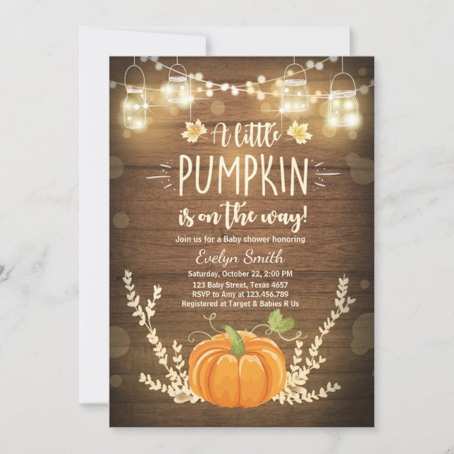 Baby Shower inbjudan Little Pumpkin Fall wood Rust (Framsida)