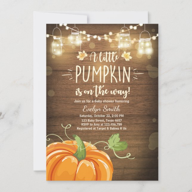 Baby Shower inbjudan Little Pumpkin Fall wood Rust (Framsida)