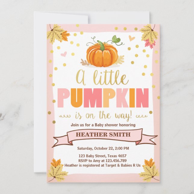 Baby Shower inbjudan Little Pumpkin Rosa Girl Fall (Framsida)