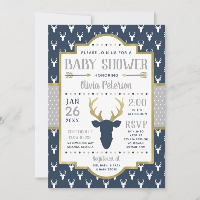 Baby Shower-inbjudan, marin, Grått, Guld Inbjudningar (Framsida)